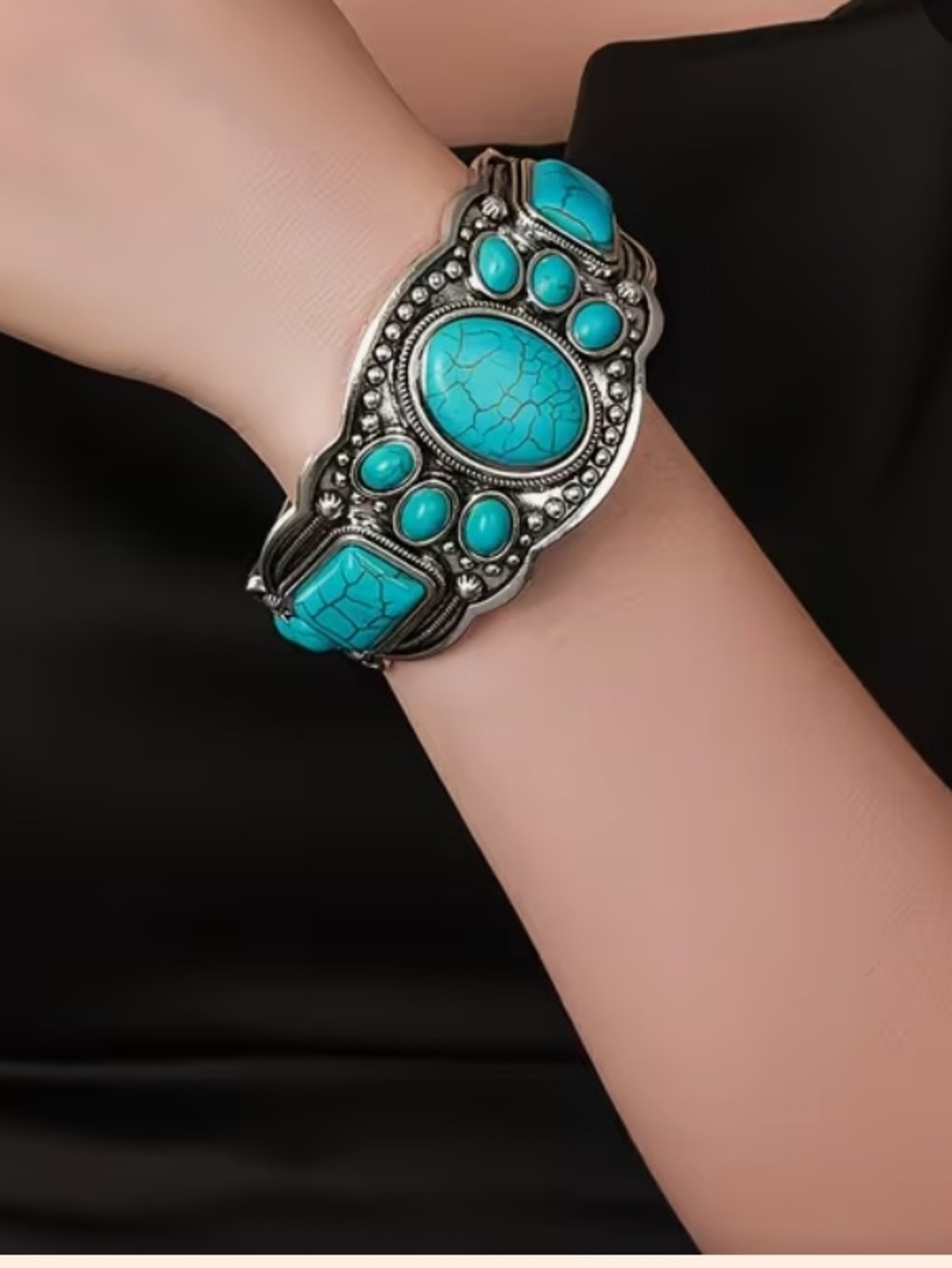 BOHEMIAN Turquoise Stone Silver-Tone Cuff Bracelet NIB